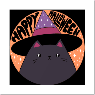 Happy halloween a Cute black cat wearing a witch hat Posters and Art
